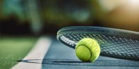 Tennis ball, racket and court ground with mockup space, blurred background or outdoor sunshine. Summer, sports equipment and mock up for training, fitness and exercise at game, contest or competition